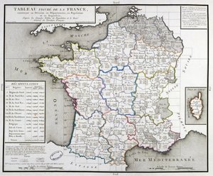 1798年に部門区分を描いたフランスの地図